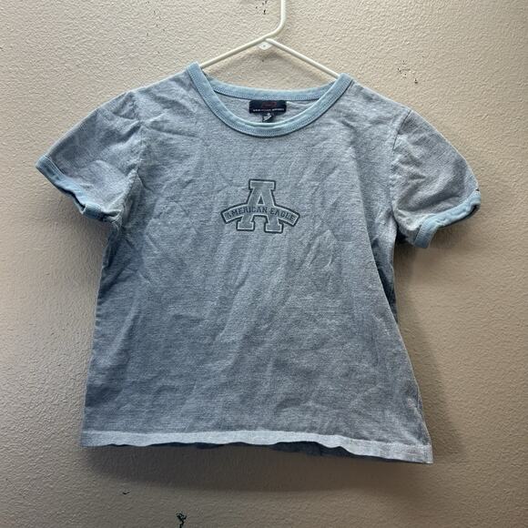 90s Y2K American Eagle Spellout Ringer Baby Tee W PREPPY LOGO Retro Blue Cropped - Picture 1 of 6